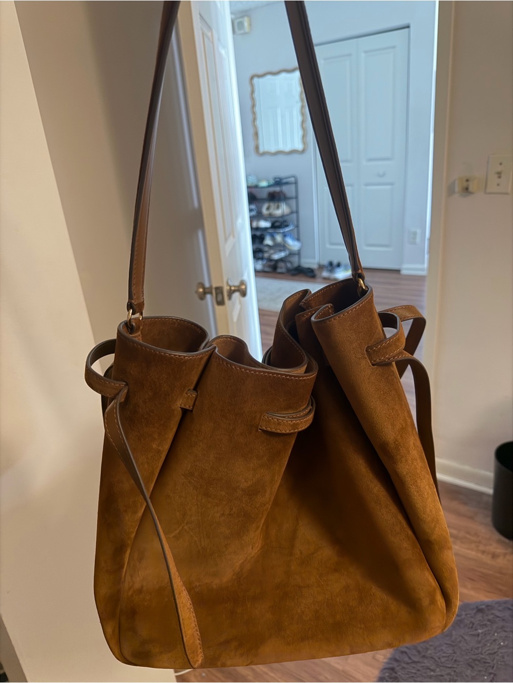 Tory Burch Large Romy Suede Bucket Bag Brown